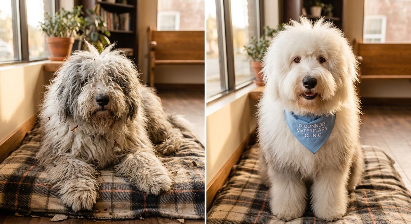 Long-coated dog after a full groom at O'Connor Veterinary Clinic in East York.